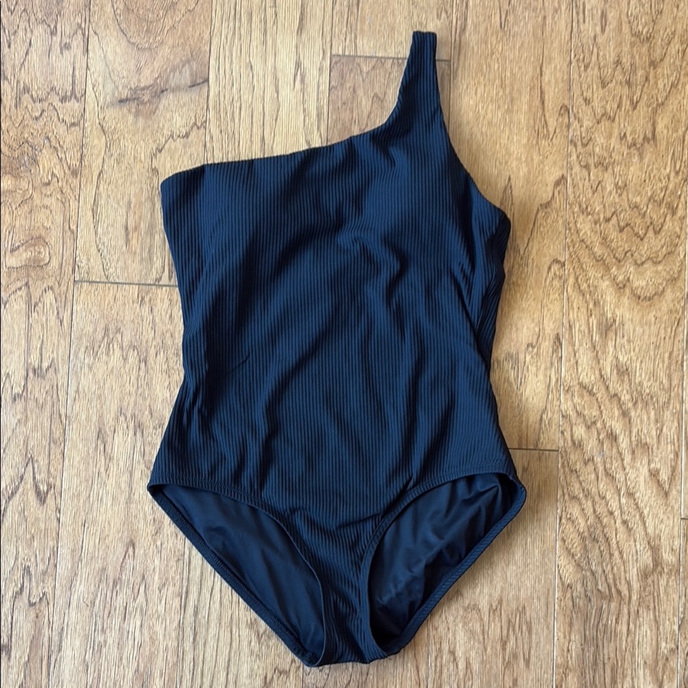 Andie One Shoulder Ribbed Black Swimsuit